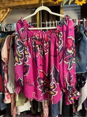 Trina Turk Fuchsia Pink Floral Off-Shoulder Peasant Top